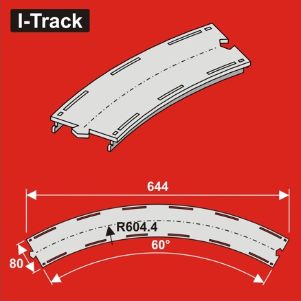 H0 Oblouk.segment 1-kolej,R 604,4mm,60°,š.80mm 3ks