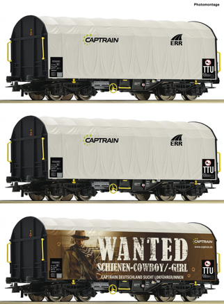 3 piece set slide tarpaul wagons, Captrain Roco-76